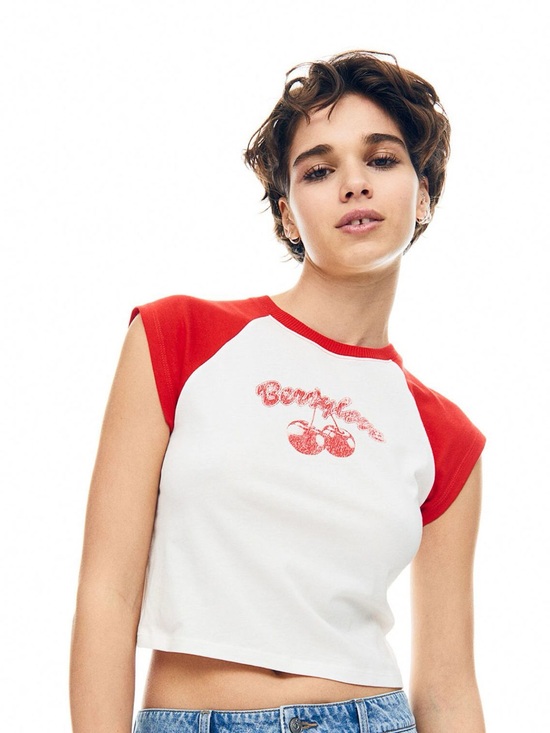 H&M Tops - H&M| Divided| Cute White Crop Top with Red Cap Sleeves & Cherry Graphic Sz XL